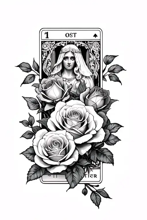 line of roses intertwined with tarot card featuring the death the lovers the high priestess and the devil cards tattoo design idea