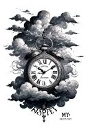 CLOCK TATTOO WITH TIME SET TO 2:22 WITH THE YEAR 2019 IN THE CENTER WITH CLOUDS WEAVING THROUGH IT WITH THE WORDS " MY L tattoo design idea