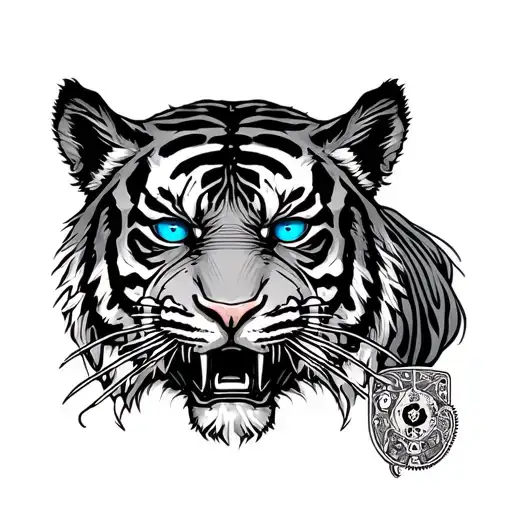 Blue -eyed predator tiger. Clock mechanism. Playing cards. ROPE tattoo design idea