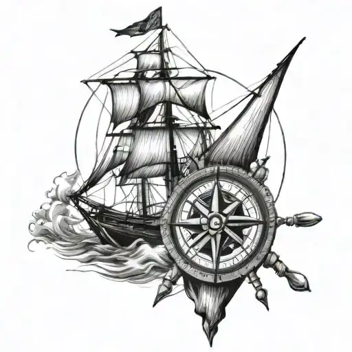 old classic sail ship, compass with coordinates, and classic stylish anchor with realistic sharp details tattoo design idea
