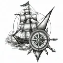 old classic sail ship, compass with coordinates, and classic stylish anchor with realistic sharp details tattoo design idea