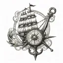 old classic sail ship, compass with coordinates, and classic stylish anchor with realistic sharp details tattoo design idea