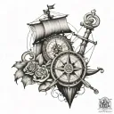 old classic sail ship, compass with coordinates, and classic stylish anchor with realistic sharp details tattoo design idea