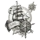 old classic sail ship, compass with coordinates, and classic stylish anchor with realistic sharp details tattoo design idea
