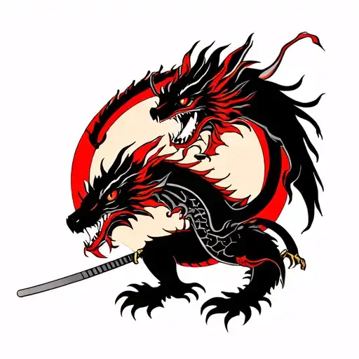 A ronin with a katana fights a dragon tattoo design idea