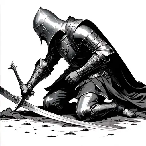crusader knight kneeling with sword piercing ground with cloth on sword  tattoo design idea