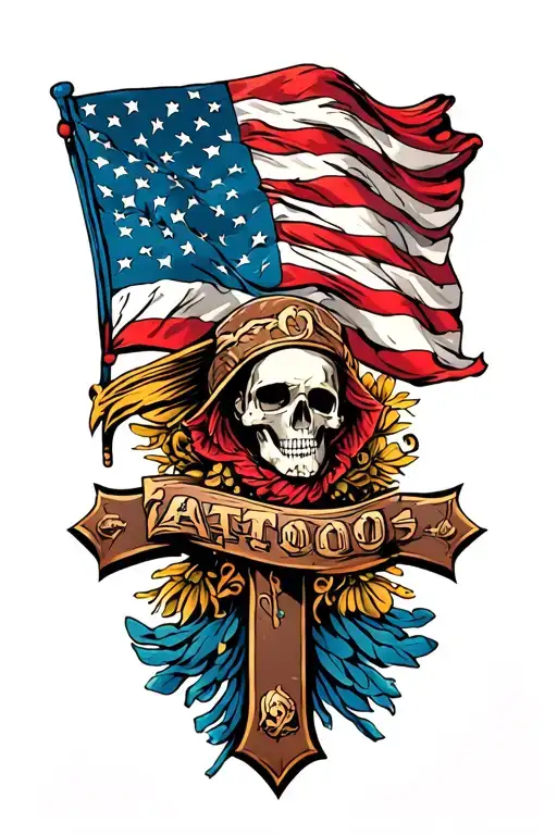 multisession cross with flag waving tattoo design idea