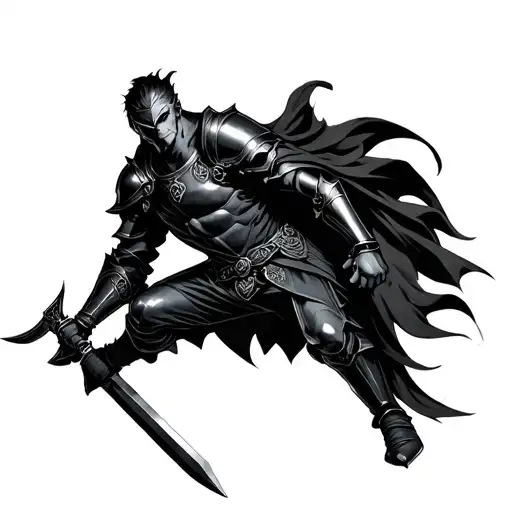 Maliketh from Elden Ring in his black suit of armor and holding his black blade while hanging off a pillar tattoo design idea