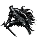 Maliketh from Elden Ring in his black suit of armor and holding his black blade while hanging off a pillar tattoo design idea