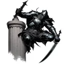 Maliketh from Elden Ring in his black suit of armor and holding his black blade while hanging off a pillar tattoo design idea