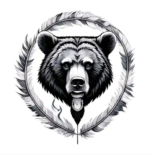 smoking native bear feather  tattoo design idea