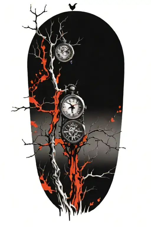 oak tree branches with three clocks integrated into it for an arm sleeve tattoo design idea