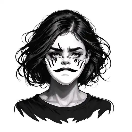 Can you draw me a tattoo of a woman who is sad, with a mask that looks happy diagonal across her face tattoo design idea