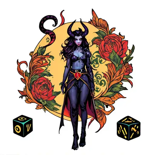 Dnd Dice, tiefling girl is standing tattoo design idea