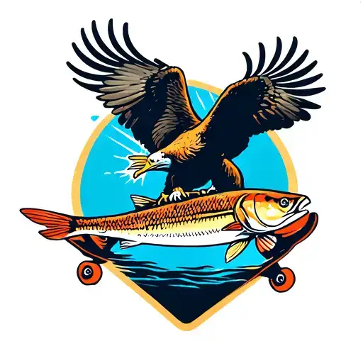 An eagle catching a fish while skateboarding tattoo design idea