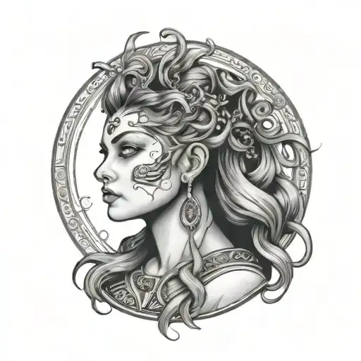 A black and grey portrait of a powerful Wiccan goddess with intricate hair inspired by cosmetology tattoo design idea