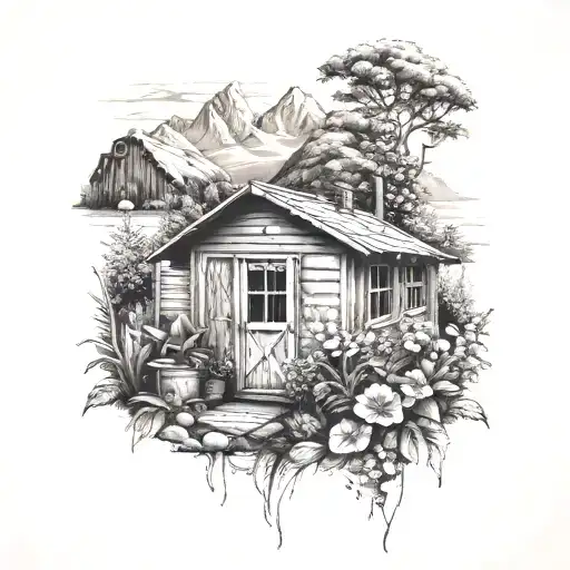garden shed with mountains behind  tattoo design idea