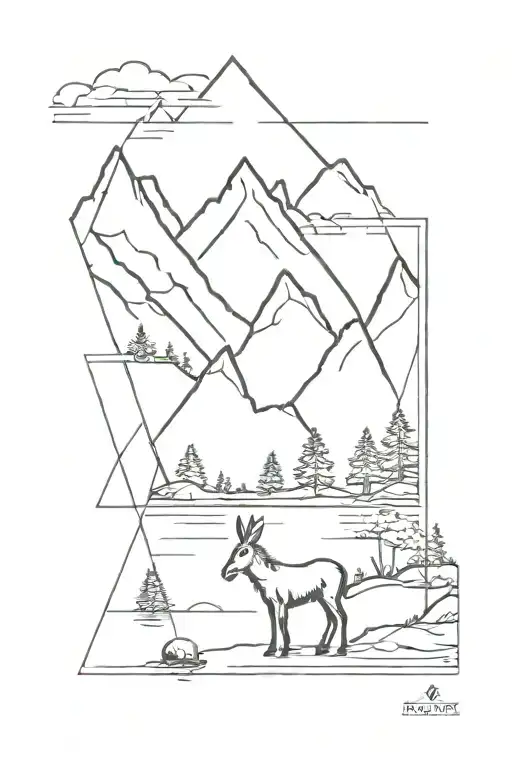 frame with landscape of mountains and lake(with a little fishing gear )with a small donkey  tattoo design idea