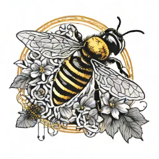 Text 'apis mellifera' wrapped around a western honey bee that us in flight with a cross shaped honeycomb in the backgrou tattoo design idea