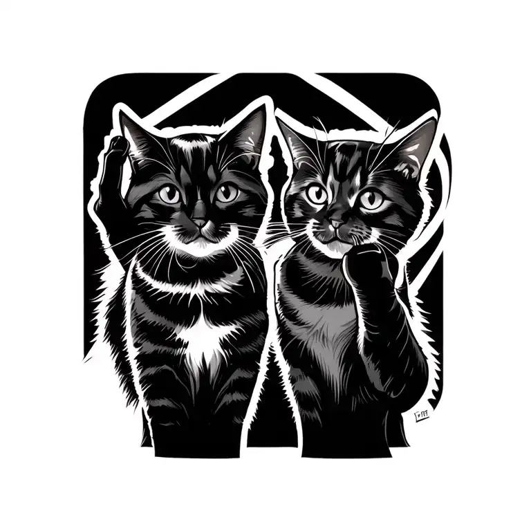 line cats high five with backs showing middle finger tattoo design idea