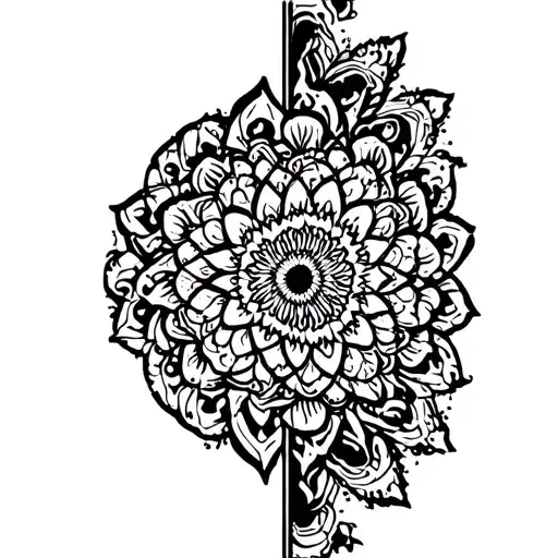 A vertical black and white tattoo stencil design for the lower leg. At the bottom, a detailed mandala pattern. Above tha tattoo design idea