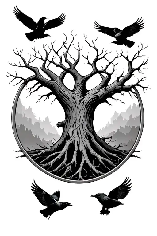 Dead Tree of life crows flying opposite directions tattoo design idea