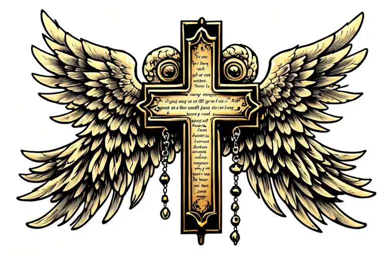 gold cross, with scripture and angel wings and rosary beads tattoo design idea