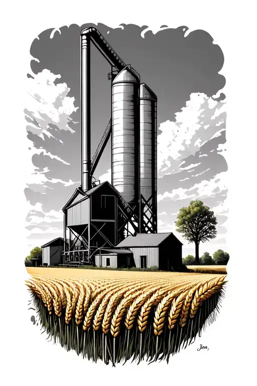 grain elevator annex coming up from a wheat field tattoo design idea