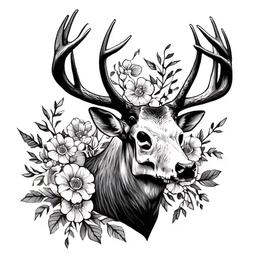 full buck head with flowers centered. all black ink no color. maybe a skull tattoo design idea