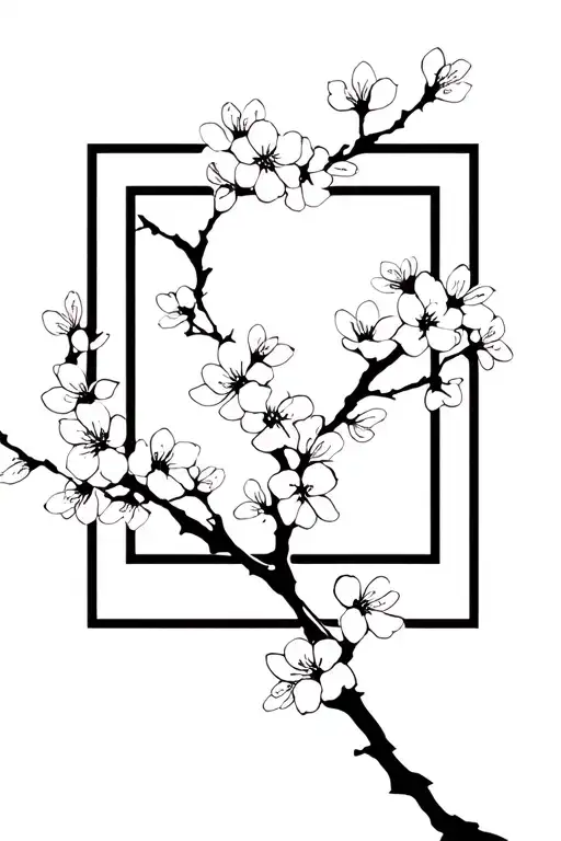 cherry blossoms over a solid black rectangle frame tattoo design idea