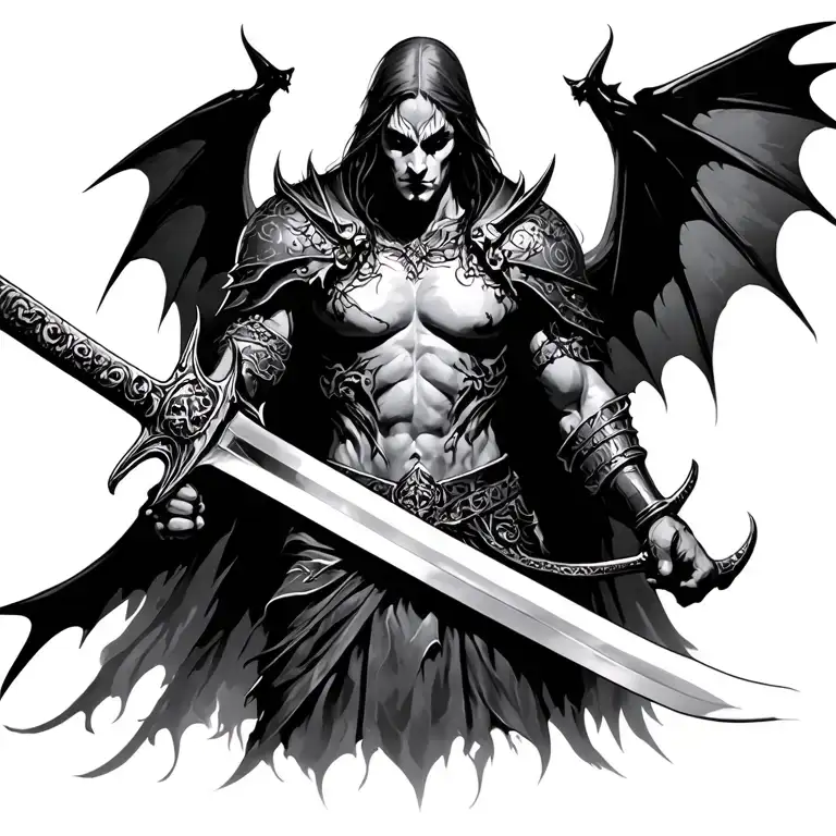 Gothic tattoo warrior with sword up right side has demonic bat wing left side has angelic wing  tattoo design idea