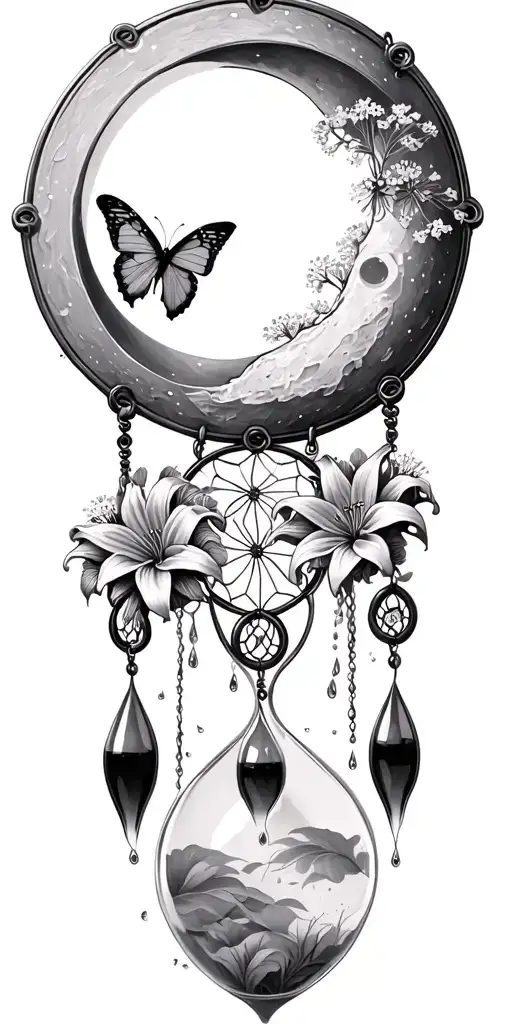 An hourglass moon dream catcher filled with lilies and butterflies Queen Anne's lace  nature tears broken depressed tattoo design idea