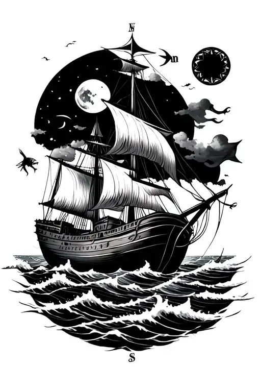 old compass old boat with waves sun moon and some sea creatures  tattoo design idea