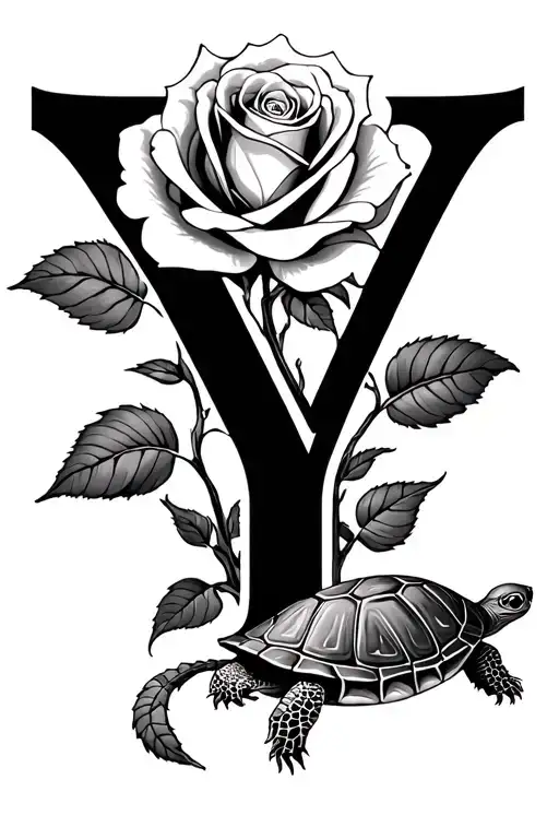 The letter Y, a rose on the left and a smaler turtle in the background on the right tattoo design idea