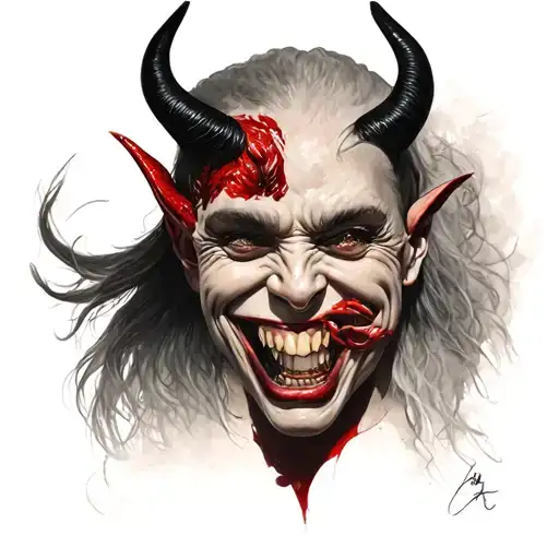 devil smiling while whispering to my ear tattoo design idea