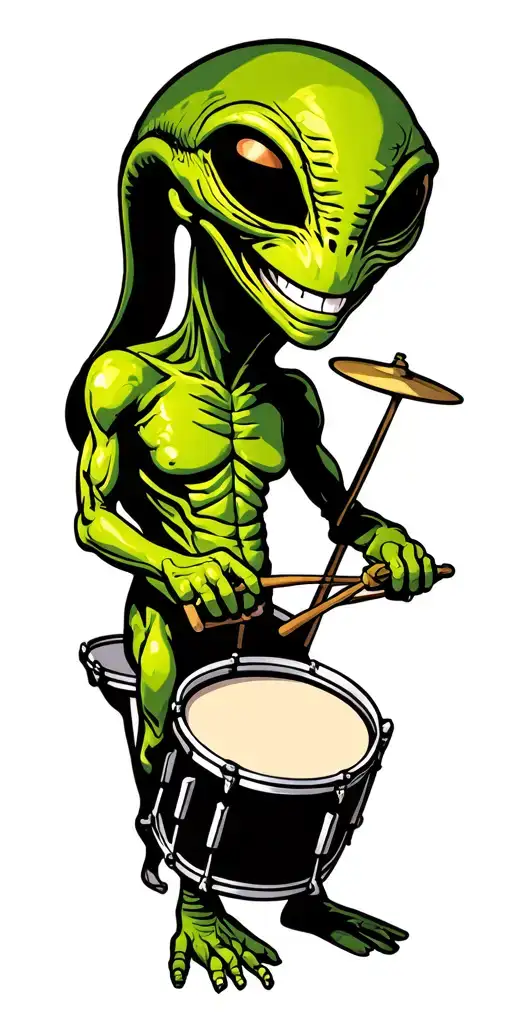 cartoon alien smiling and playing drum kit tattoo design idea
