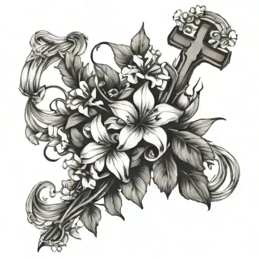 sweetpea,larkspur,narciso,holly,and poppy bouquet tied with a cross intertwined tattoo design idea