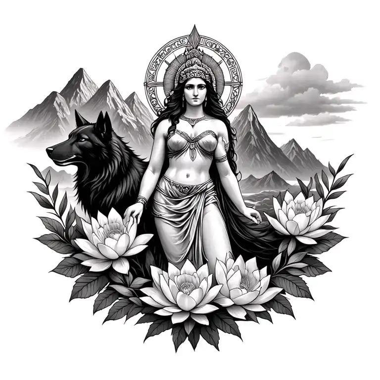 Athena goddess surrounded by poeny and lotus flowers with a black wolf in a mountain range  tattoo design idea