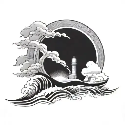 waves, buildings, vehicle and sun shining tattoo design idea