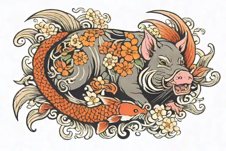 lao asian pig and koi fish surrounded tattoo design idea