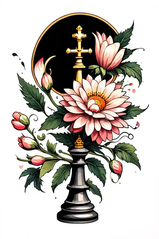 bishop chess piece with chrysanthemum flowers leaves and buds with whisps surrounding it tattoo design idea