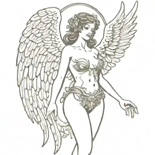 Sexy Angel, pale skin, Big breasts, Wide Hips, Angel wings, Halo, G-String, Revealing bra, Sexual, Bloody, Seductive. tattoo design idea