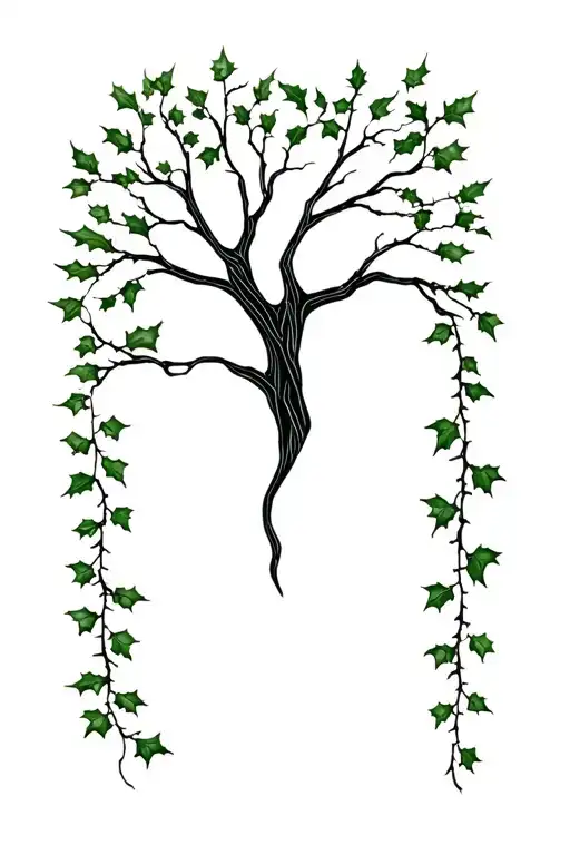 elder tree, holly tree, ivy tree branches tattoo design idea