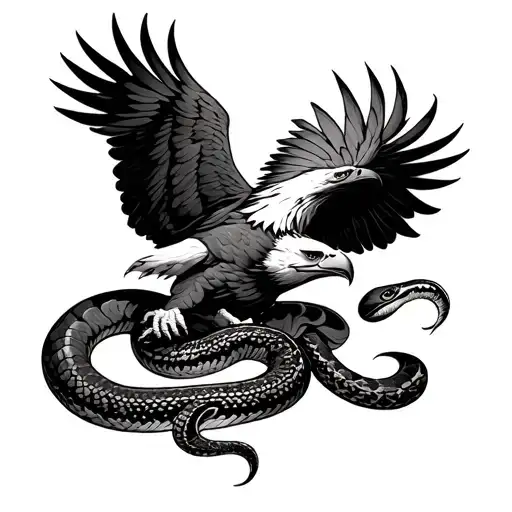 Eagle who fights with a coiled snake tattoo design idea