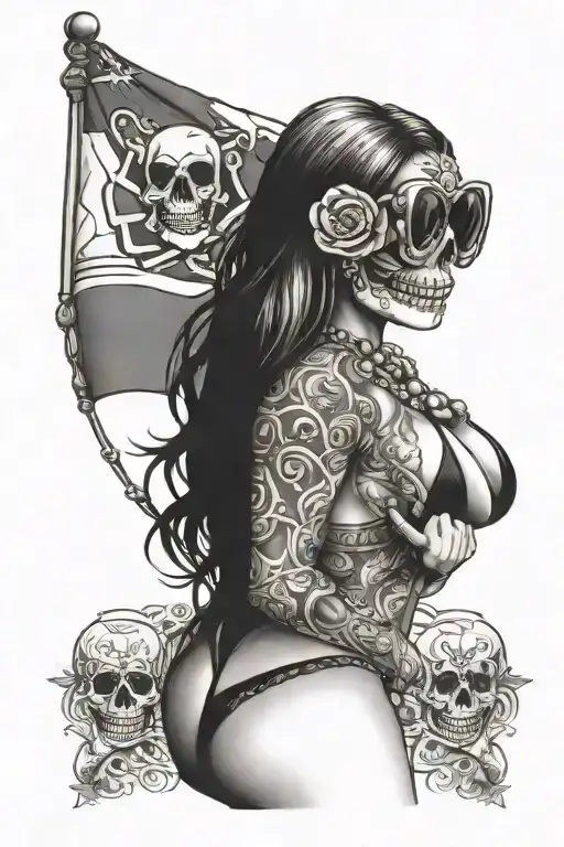 candy skull girl in a bikini in front of the Indonesian flag tattoo design idea