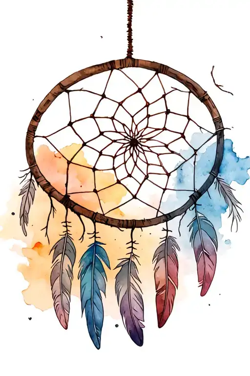 tree roots into a dream catcher with feathers falling tattoo design idea