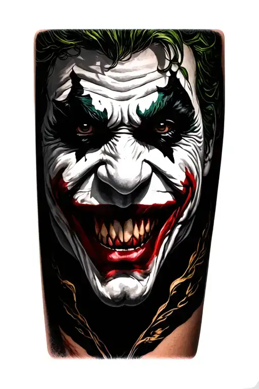 joker face with divine going down arm tattoo design idea