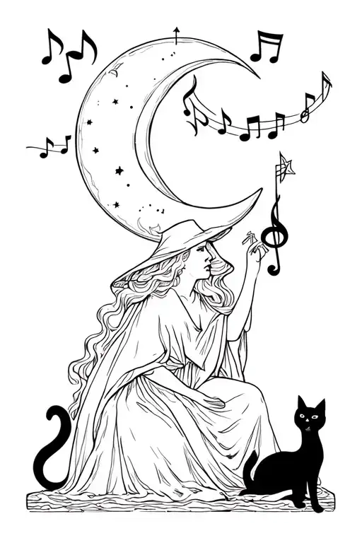 tarot card called VI The Witch with a crescent moon, witch and black cat and music notes  tattoo design idea