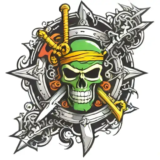 Imagine a tattoo that incorporates Zoro's three swords, arranged dynamically, perhaps crossed with each other. In the center tattoo design idea