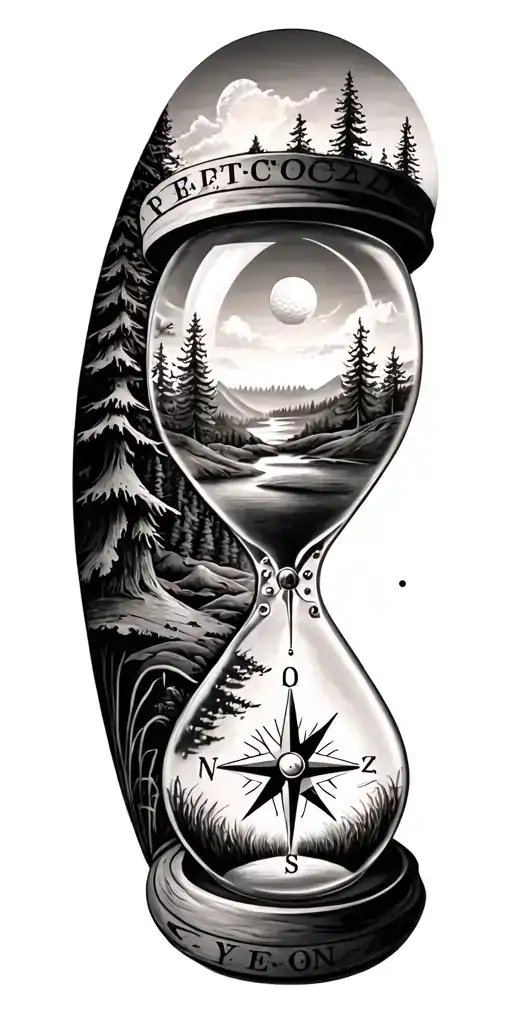 family and forest and hour glass and compass golf course tattoo design idea